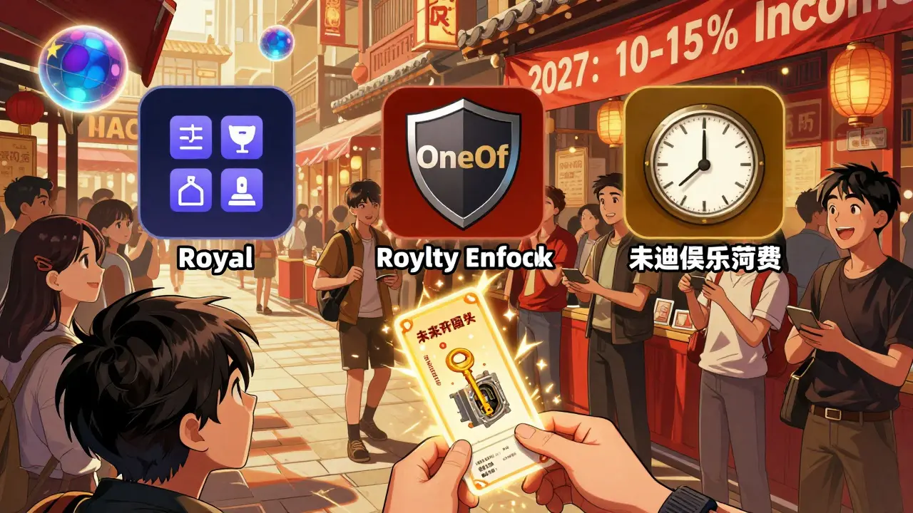 Fans trade music NFTs at a marketplace with three platforms, one artist handing a fan a glowing ticket to future royalties.