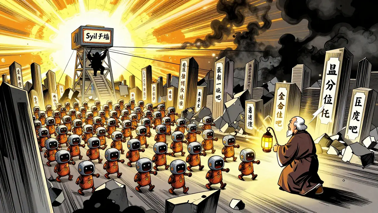 Fifty thousand robot wallets overwhelm a lone honest node in a crumbling blockchain cityscape.