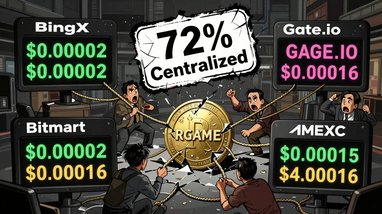 Four exchanges show wildly different RGAME prices as traders struggle with a crumbling token coin.