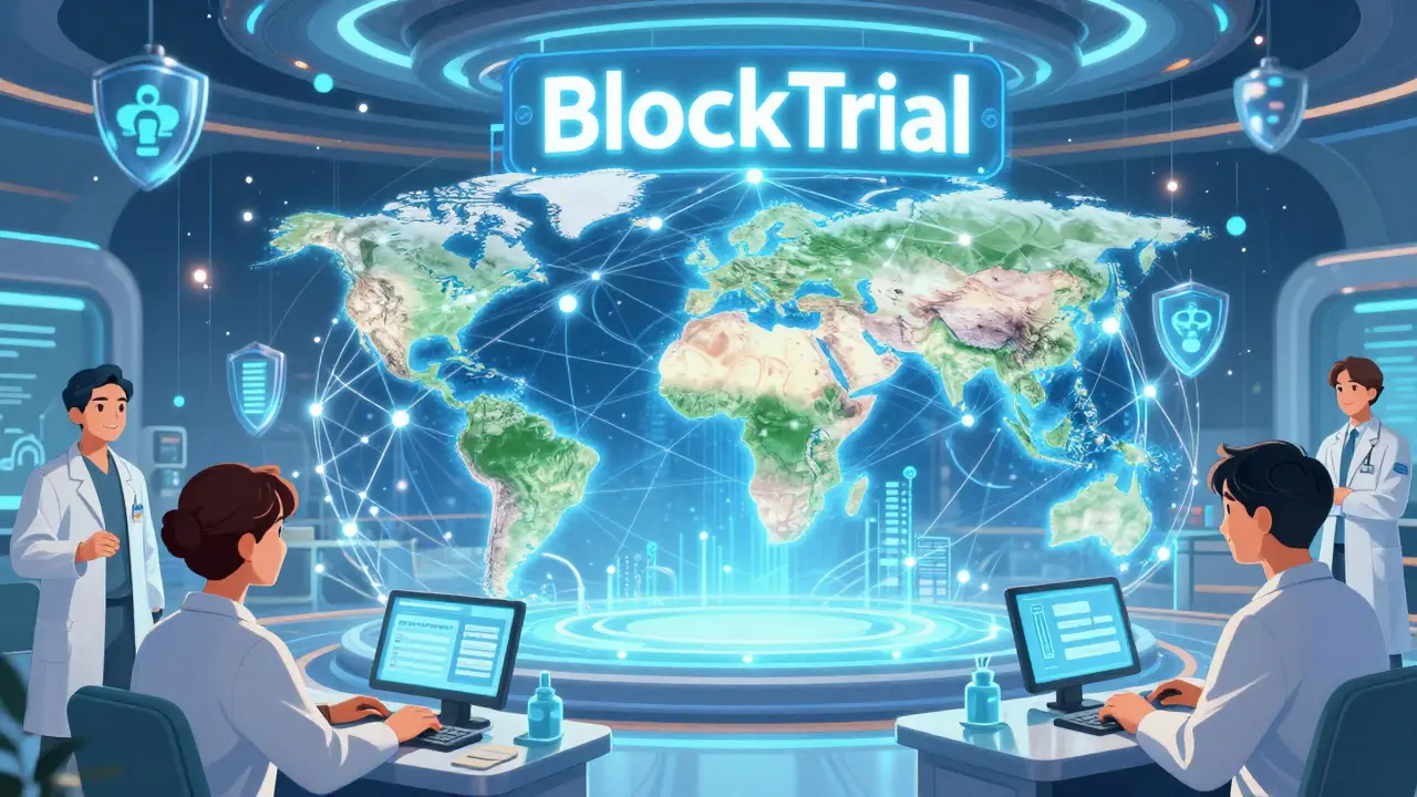 Global clinics connect through a glowing blockchain network, with patients and smart contracts ensuring secure data verification.