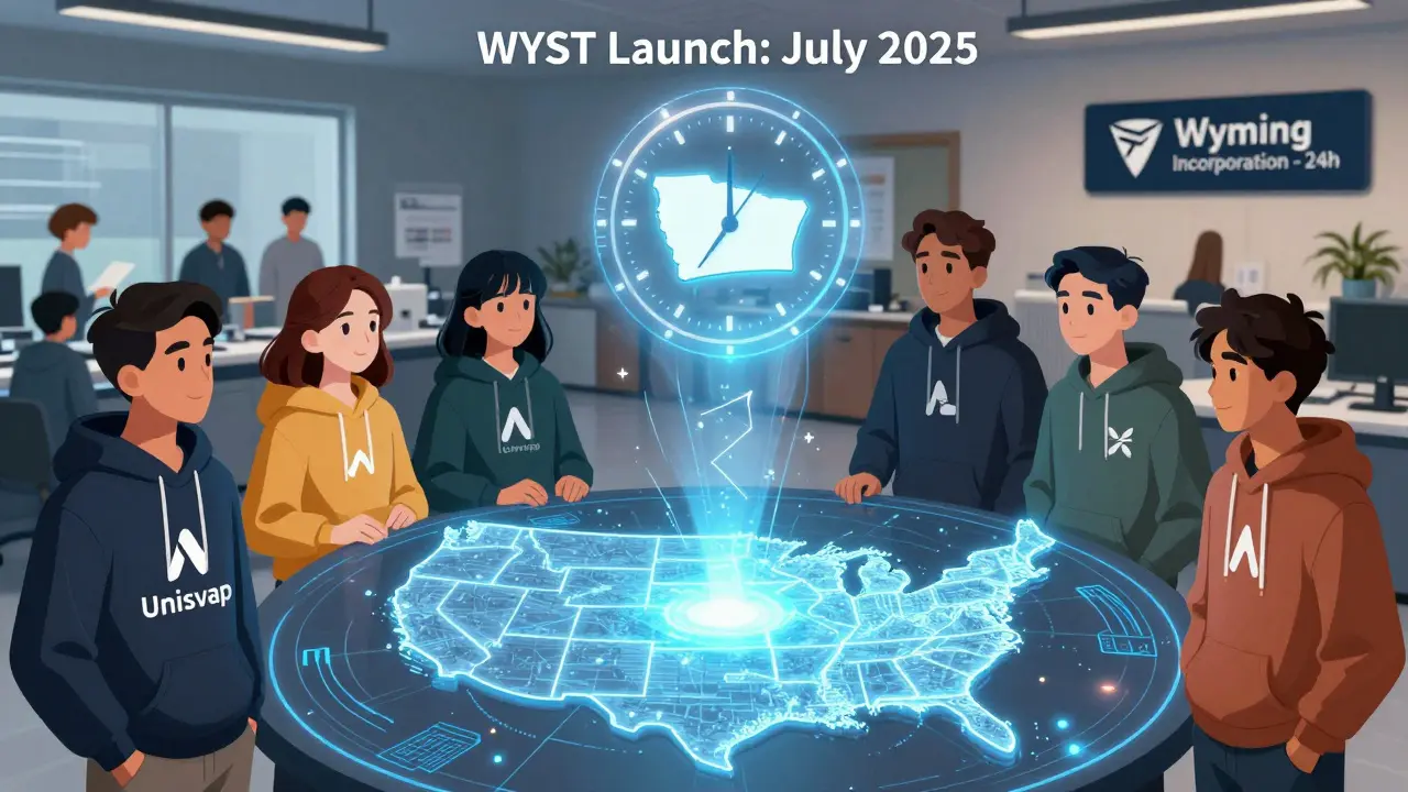 Global founders gathered around holographic U.S. map with Wyoming glowing and WYST token counting down to 2025.