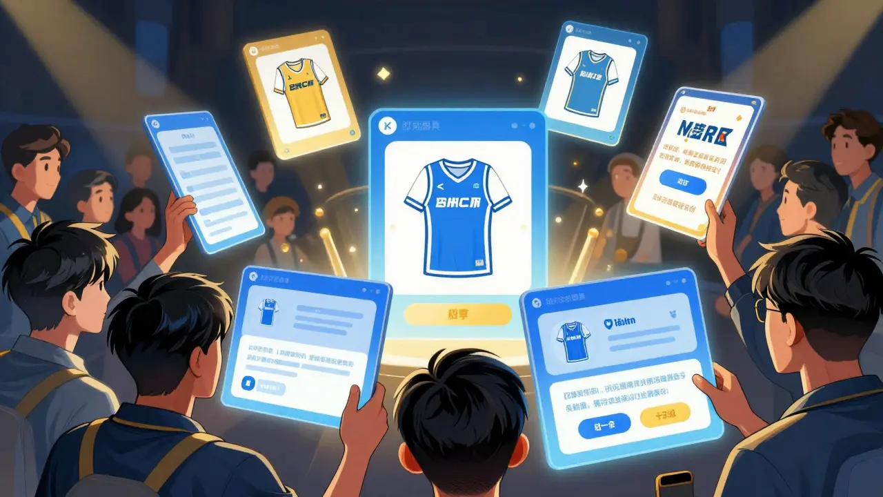 Group of fans voting on floating screen with reward icons.