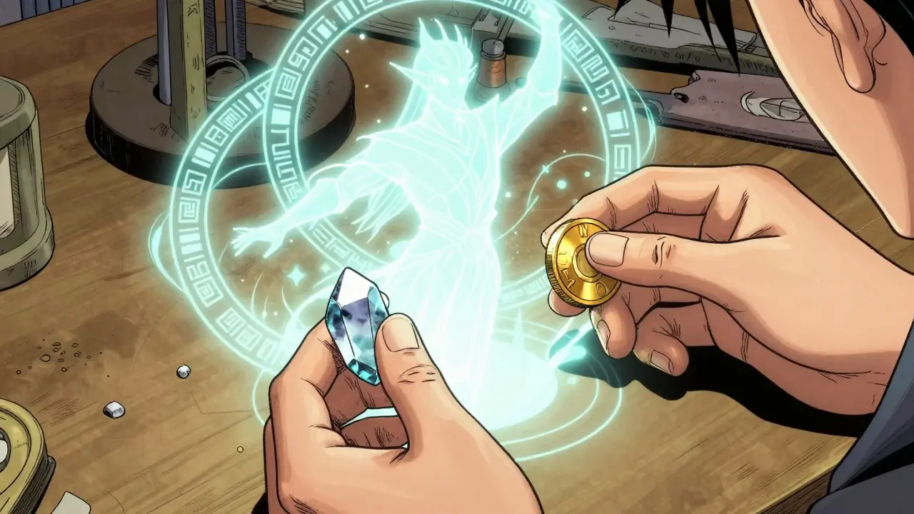 Hands crafting magical hero with coins and crystals.