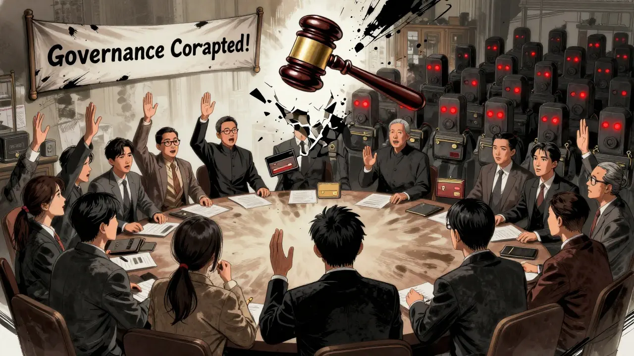 Real users face off against a sea of identical fake wallets in a corrupted DAO voting scene.