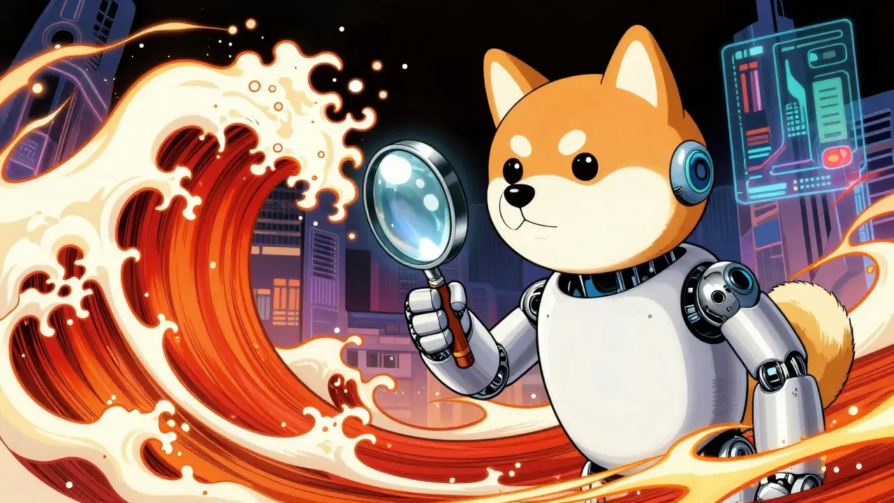 Robotic dog analyzing volatile red market waves in futuristic cityscape.