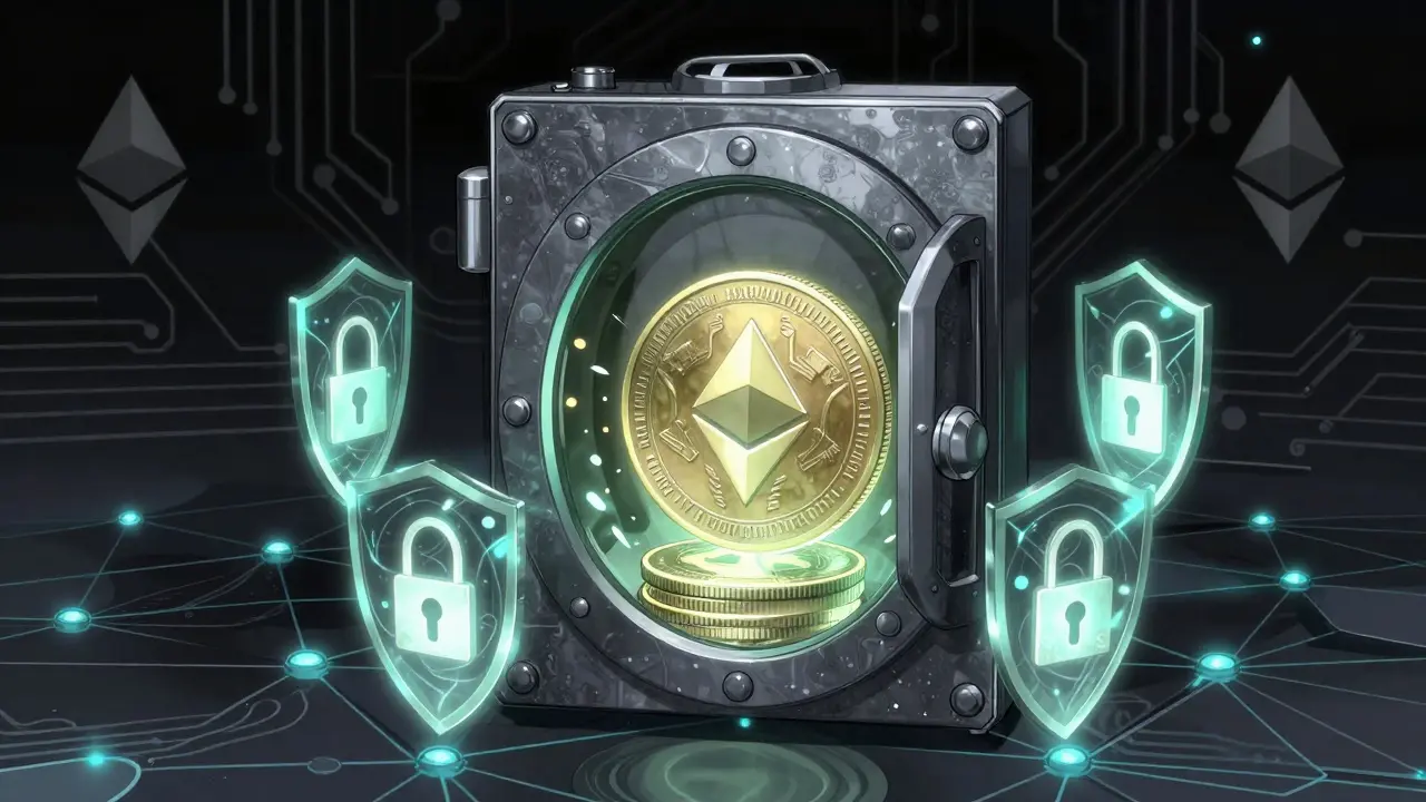 Secure digital vault protecting a glowing coin over network nodes.