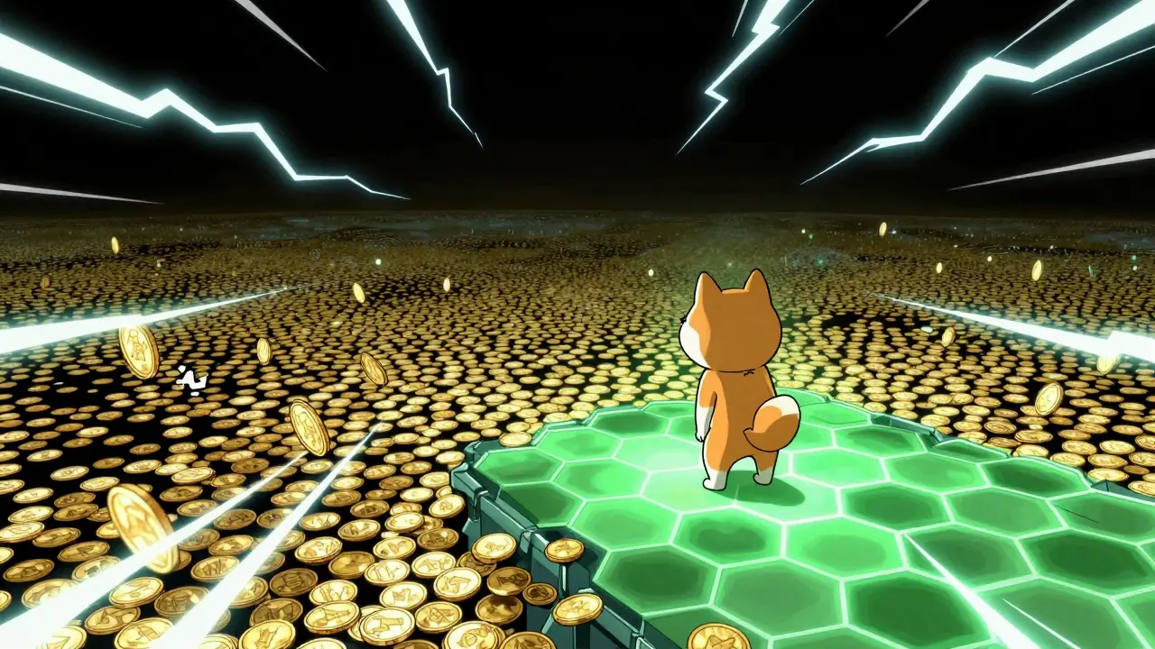 Small dog on green hexagon platform overlooking ocean of coins and lightning bolts.