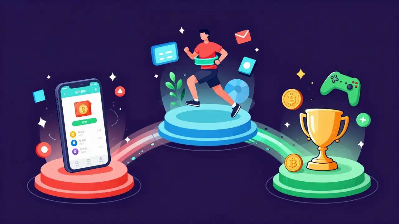 Smartphone wallet fitness tracking and gaming icons in triangle layout