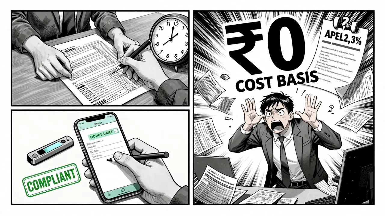 Split scene: one person organized with compliant tax records, another overwhelmed by untracked crypto transactions.