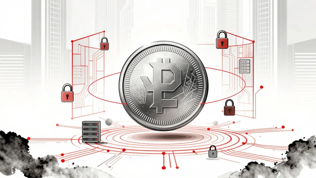 State digital coin surrounded by security grid.