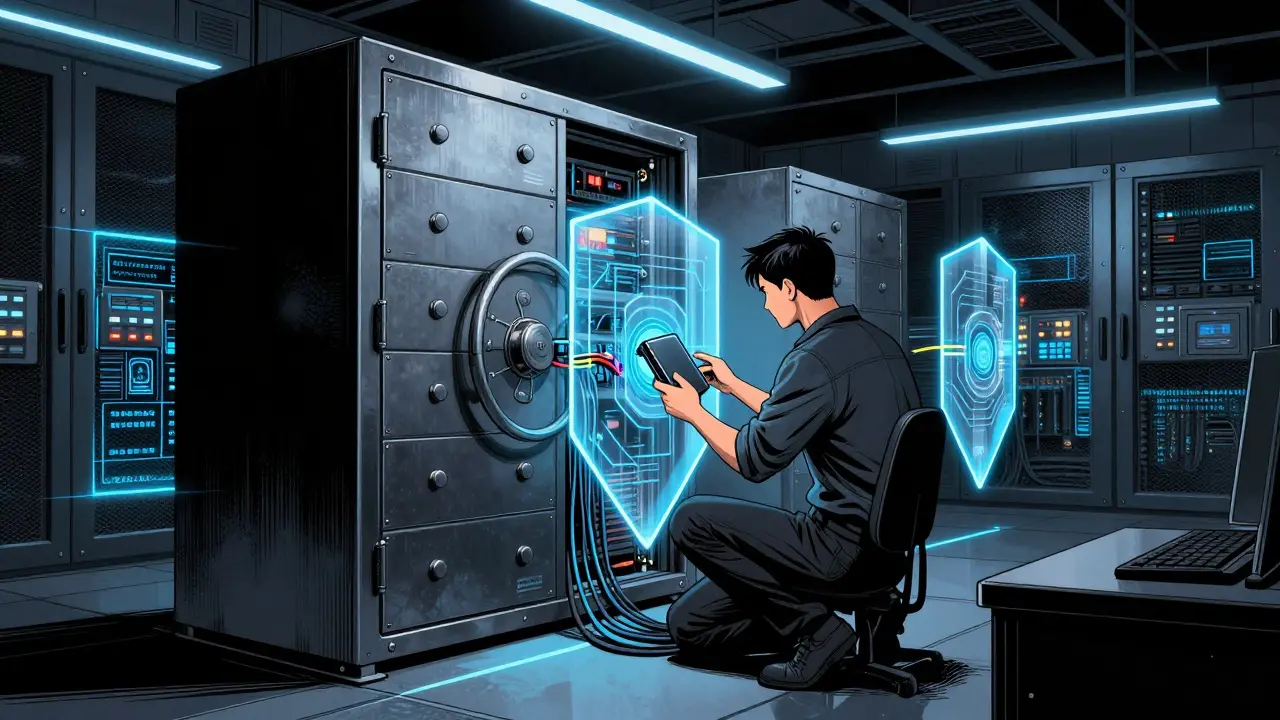 Technician checking hardware wallet in a secure server room
