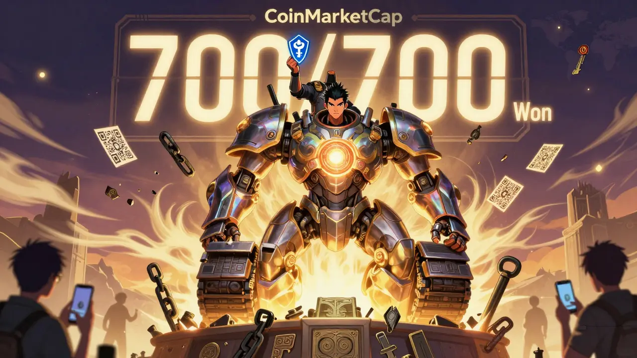The legendary Origin Tank rises with a pulsing core, its pilot holding a CoinMarketCap badge as a digital countdown shows '700/700 Won'.