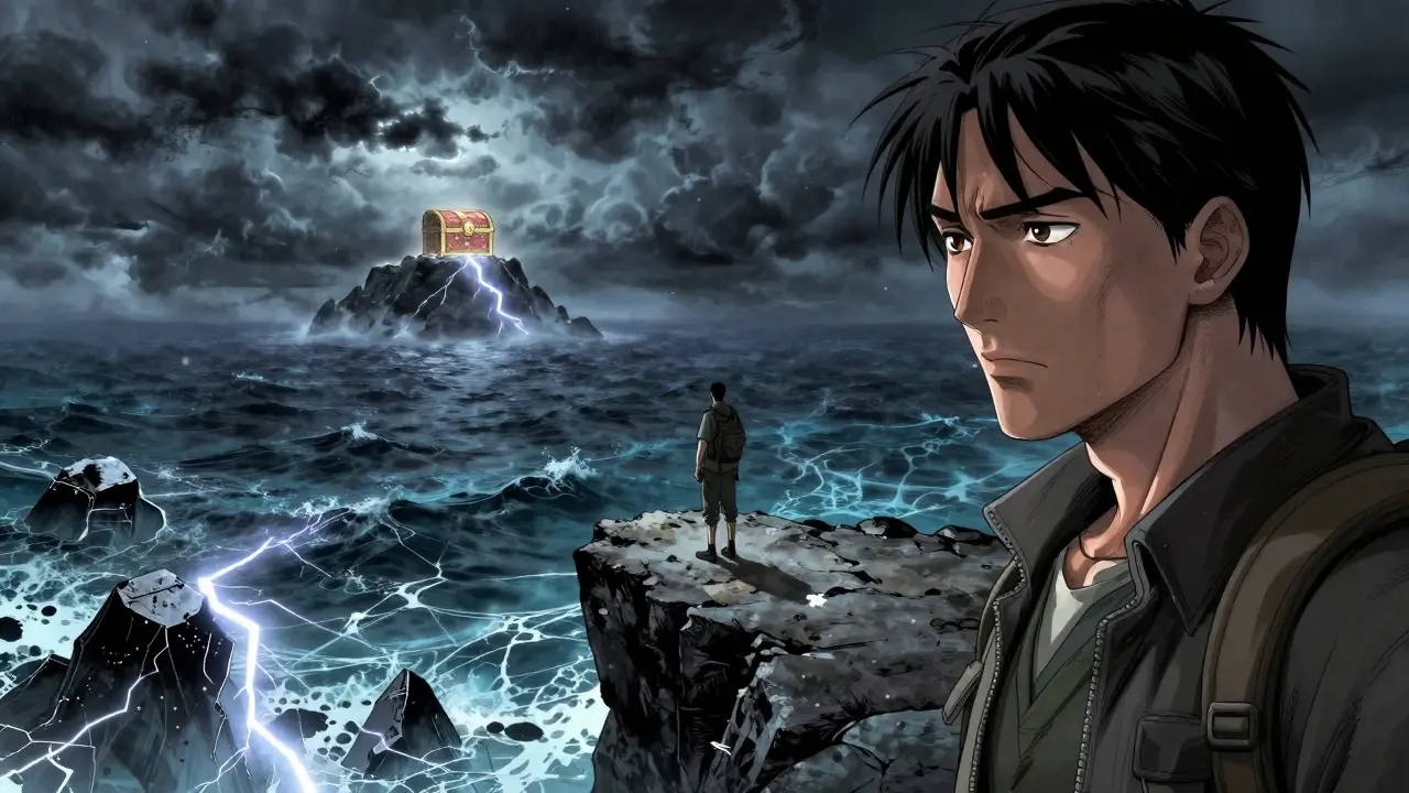 Traveler on cliff edge overlooking stormy digital sea.