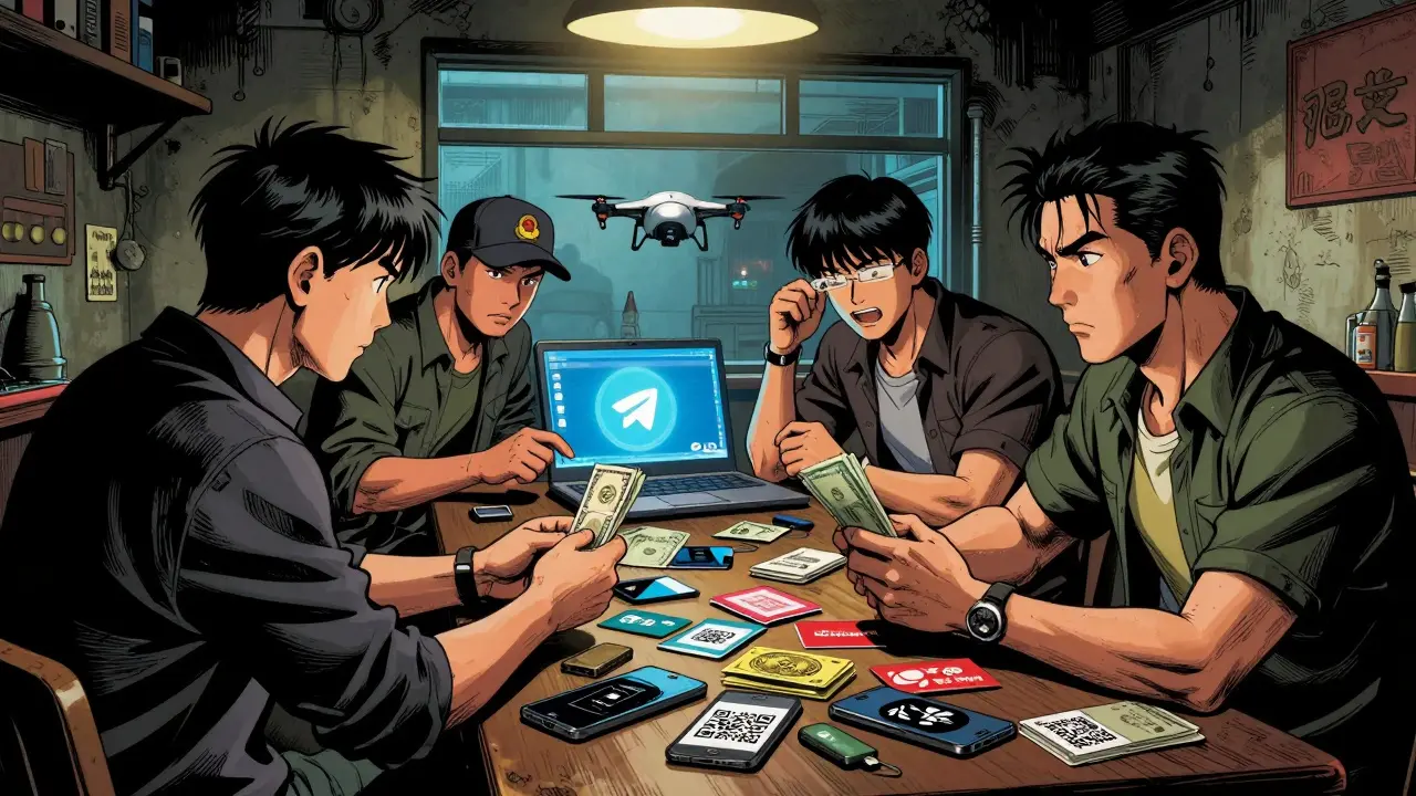 Underground traders barter crypto with cash and QR codes while a drone watches outside, in manhua style.