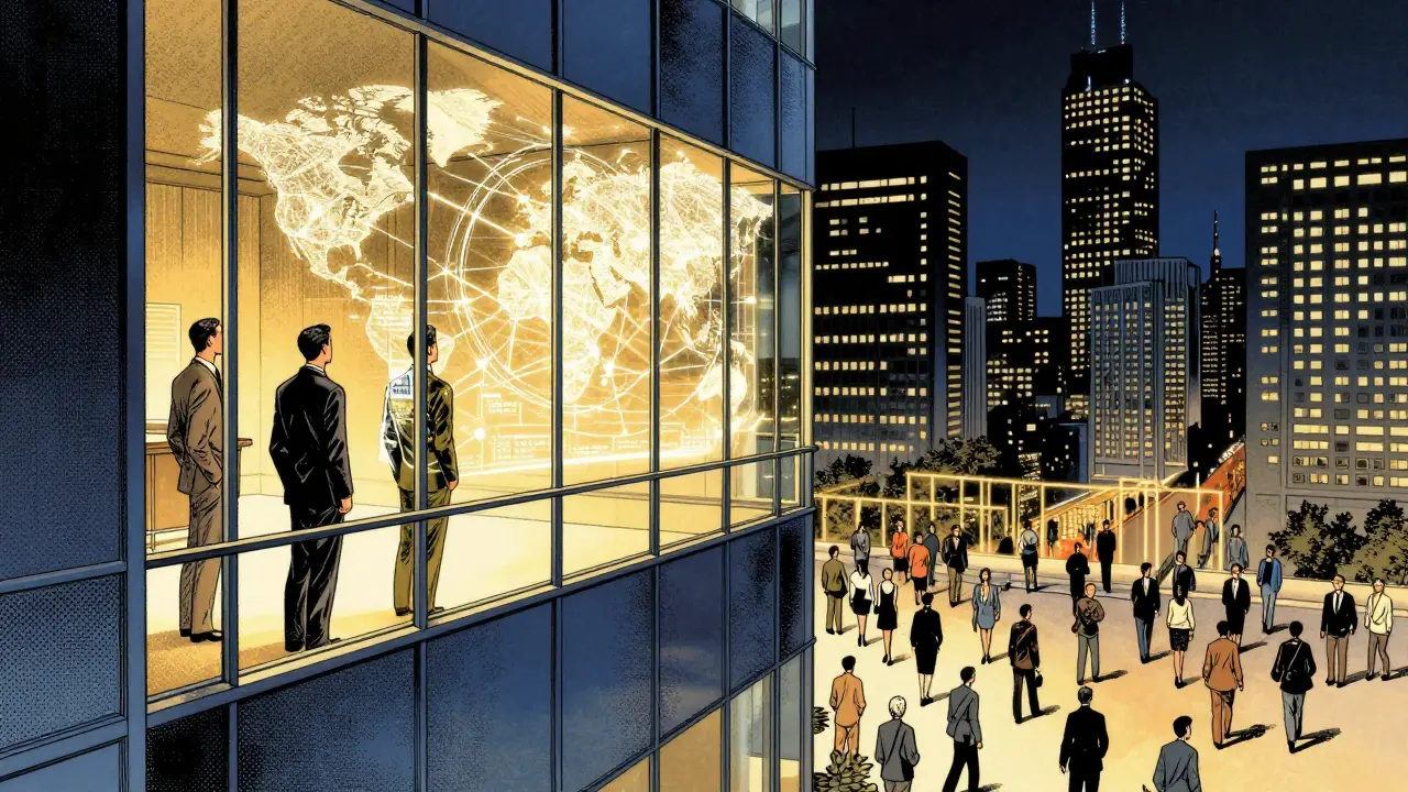 Wealthy investors viewing holographic trade map.