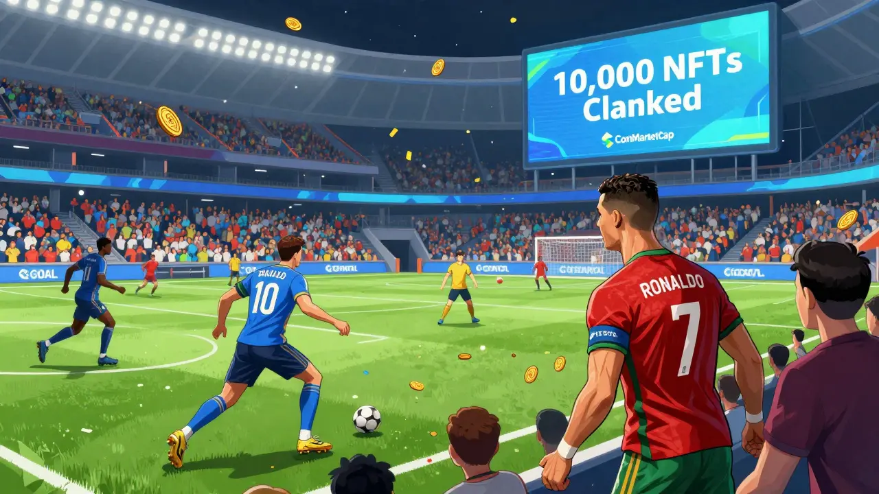 Winners playing football in a metaverse arena using their licensed NFT avatars with GOAL tokens raining down.