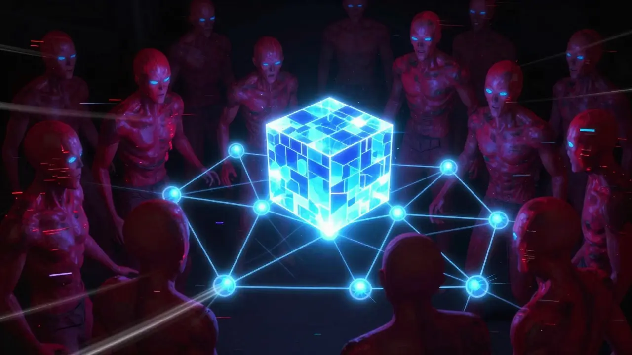 A bright network node surrounded and isolated by a swarm of glitchy red fake nodes.