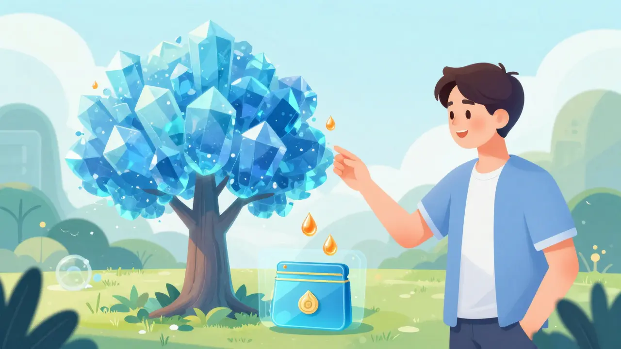 A character collecting shimmering orange ONG rewards from a glowing blue ONT crystal tree