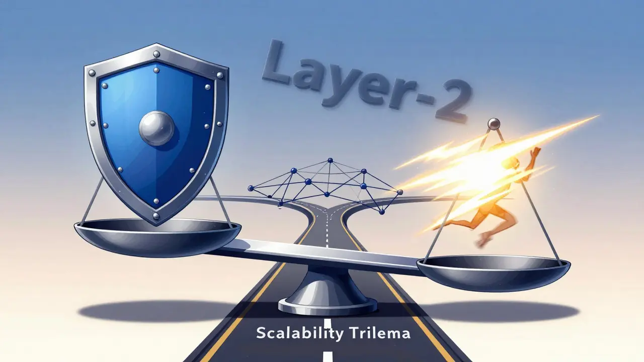 A conceptual scale balancing security, decentralization, and speed with a Layer-2 bridge.