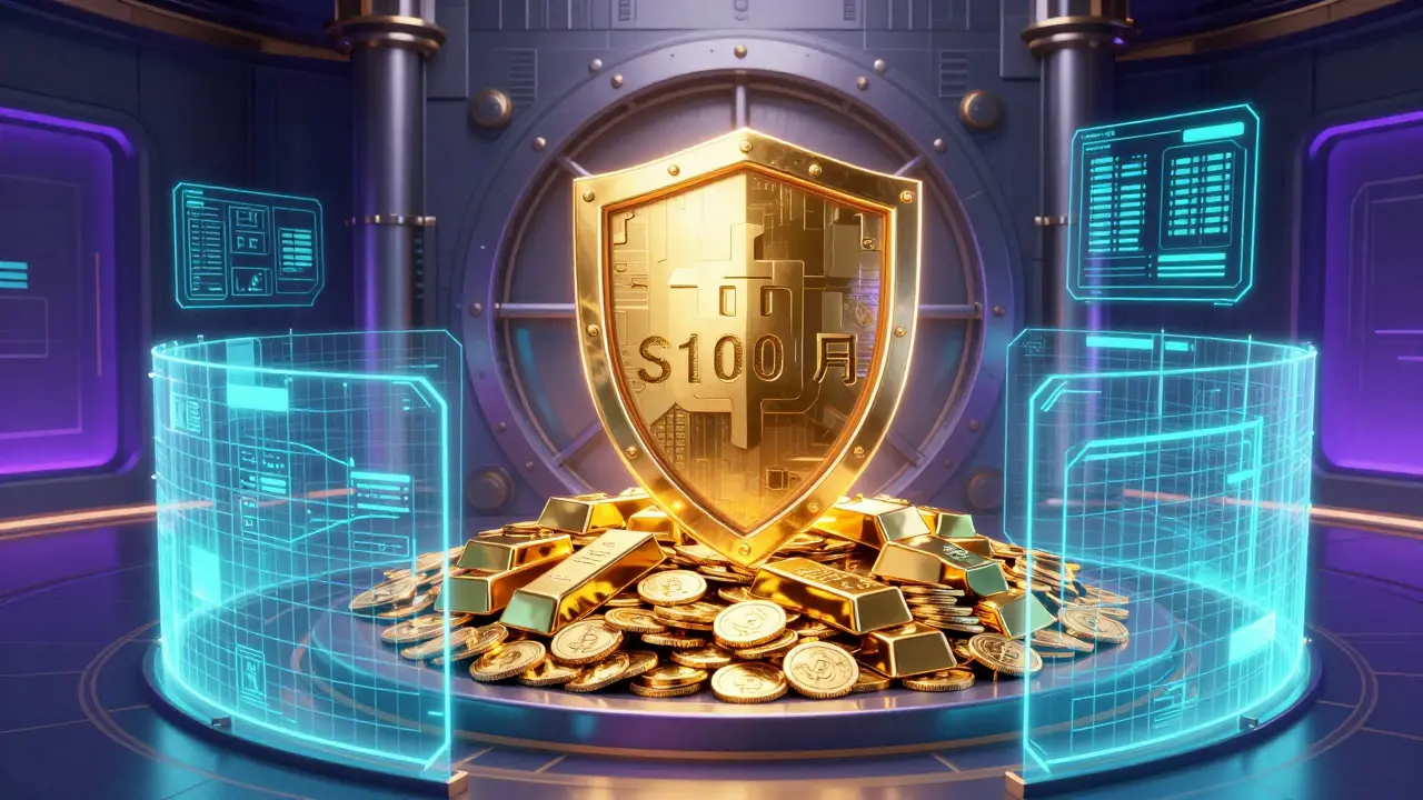 A digital vault with a golden shield protecting cryptocurrency reserves in a manhua style.
