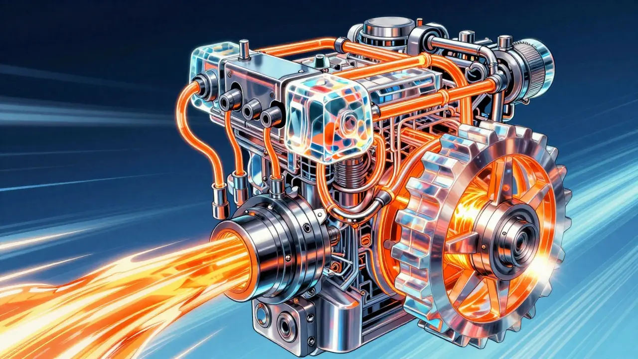 A futuristic digital engine being powered by glowing orange fuel representing ONG utility