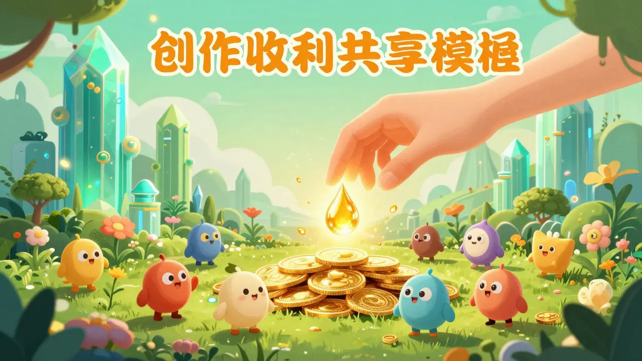 A futuristic digital garden with golden energy flowing to token creators