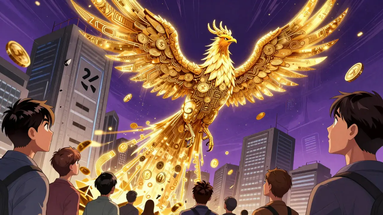 A golden circuit phoenix rising from a collapsed futuristic building.