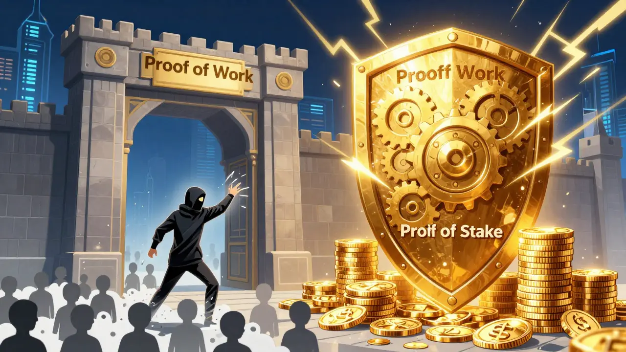 A golden digital shield blocking a crowd of grey fake identities from a blockchain fortress.