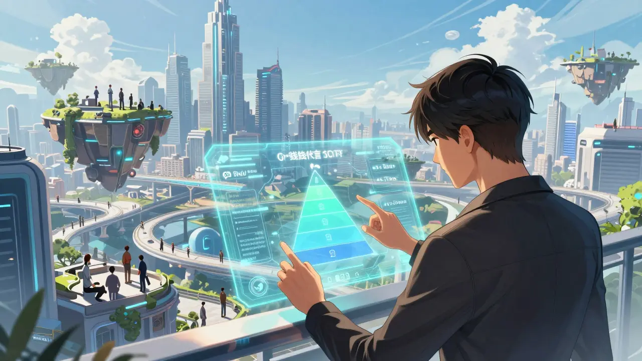 A person interacting with a holographic reputation system in the futuristic Howl City.