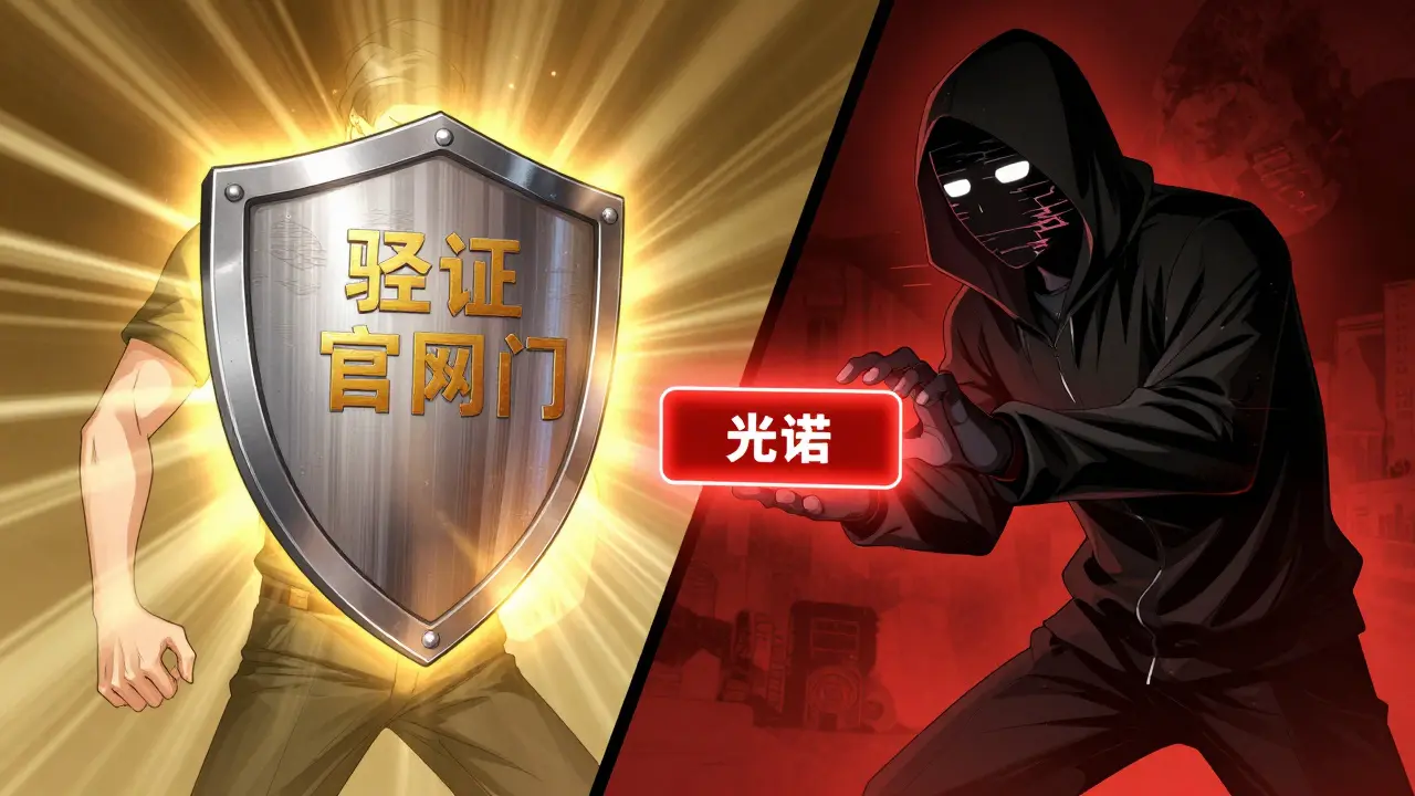 A protective gold shield facing off against a shadowy scammer in manhua style.