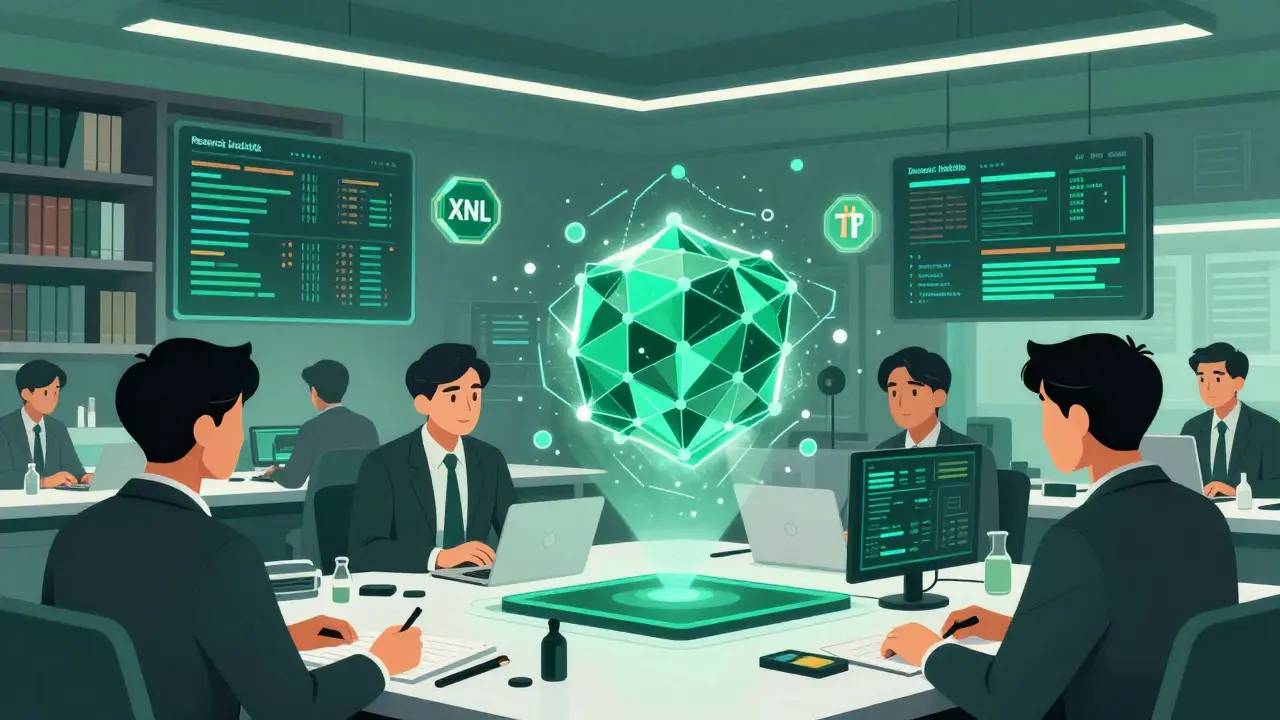 Analysts studying blockchain data in a high-tech research institute, Chinese manhua style.