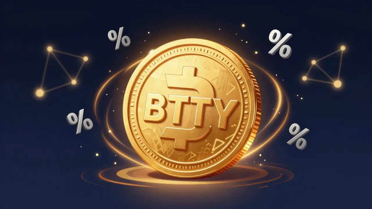 Chinese manhua art of a glowing BTTY token reducing trading fees against a cosmic network background.