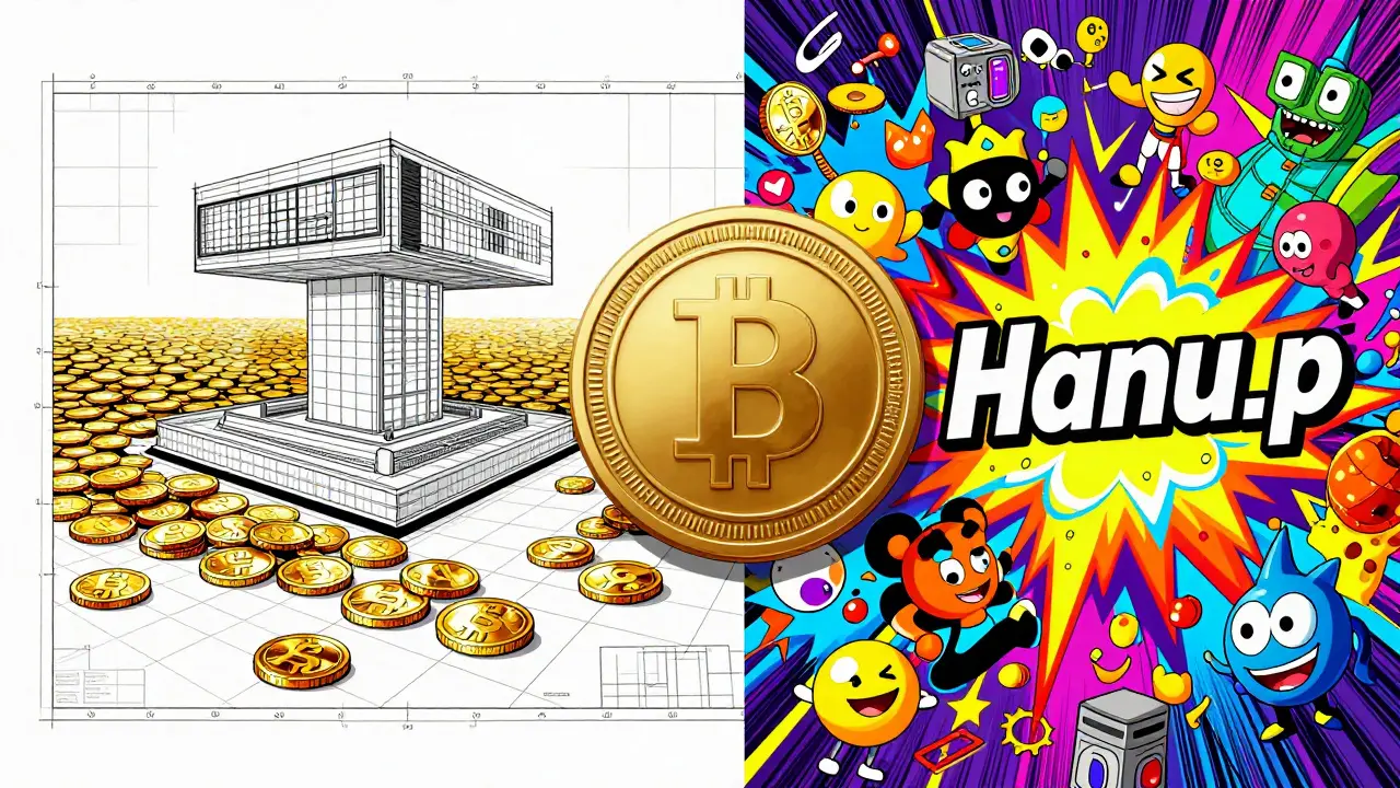 Comparison between professional HANU utility and vibrant, chaotic Hanu.p meme culture in manhua style.