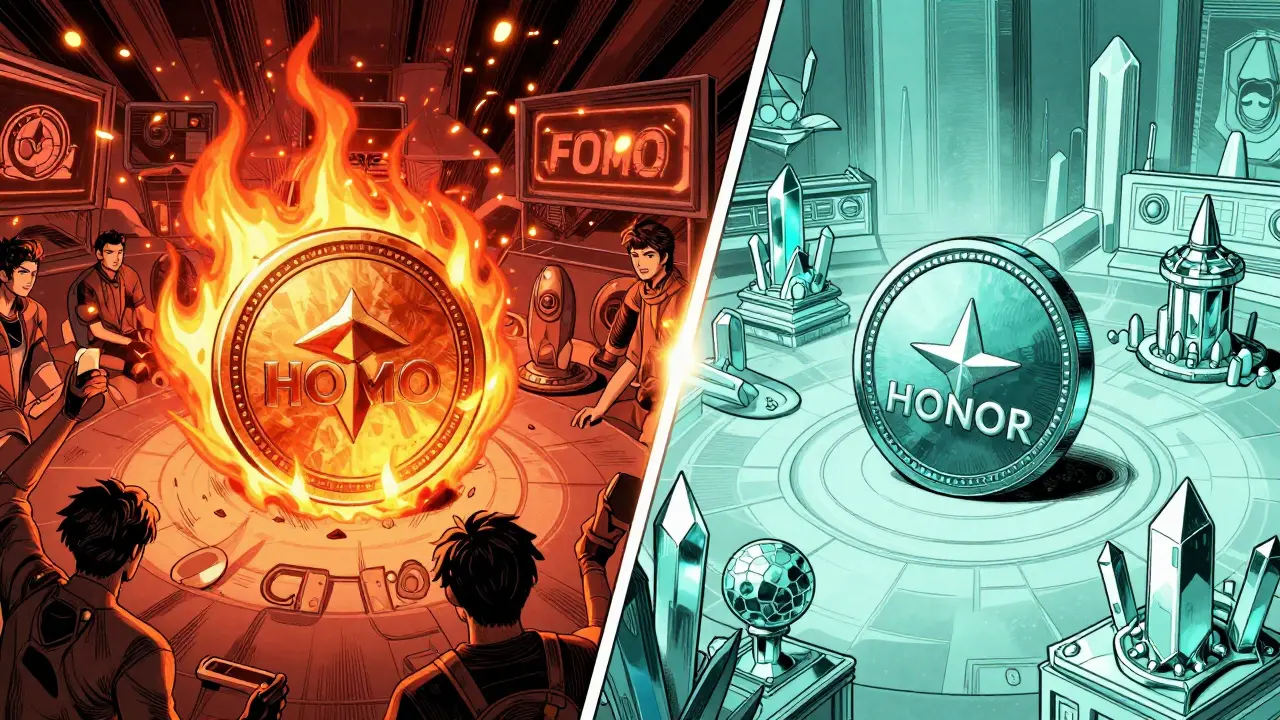 Comparison of HERO token in a fiery game arena and HONOR token in a crystalline structure.