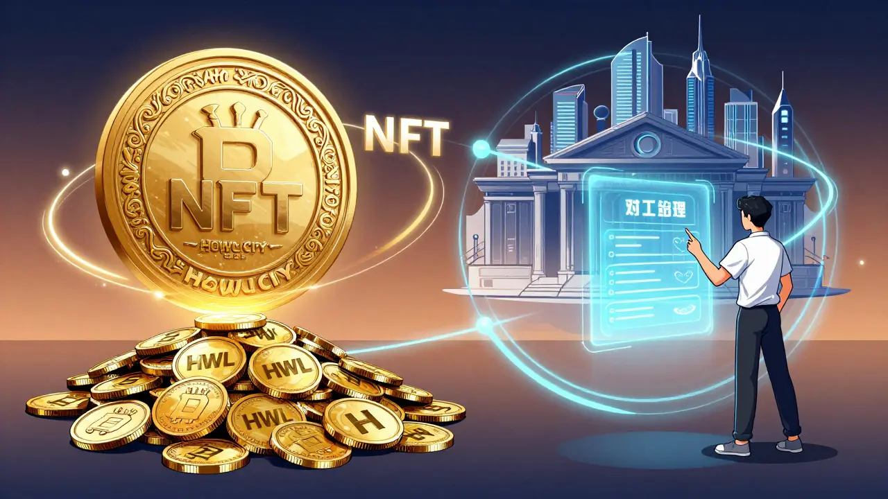 Conceptual loop connecting a Howlcity NFT, HWL tokens, and city governance.