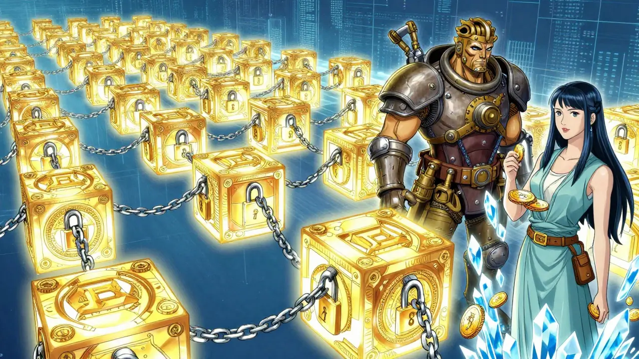 Cryptographic blocks linked in a chain with representations of mining and staking.