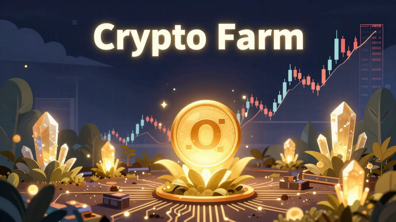Digital garden of OCE tokens symbolizing crypto staking and volatility