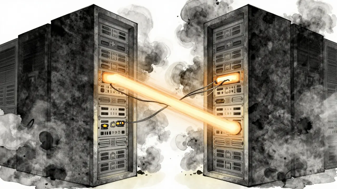 Encrypted data stream connecting two server tower structures