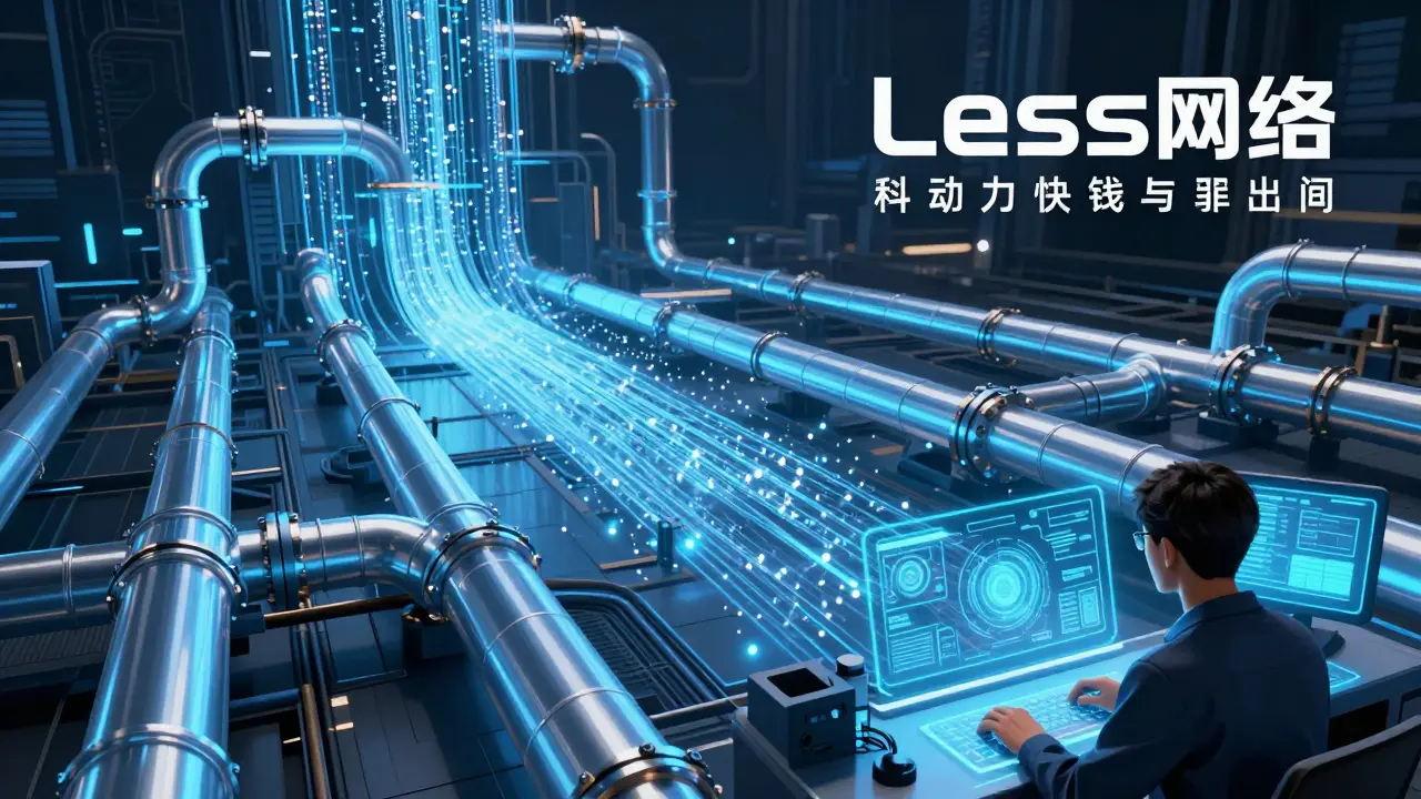Futuristic digital data pipes and a technician monitoring the Less Network.