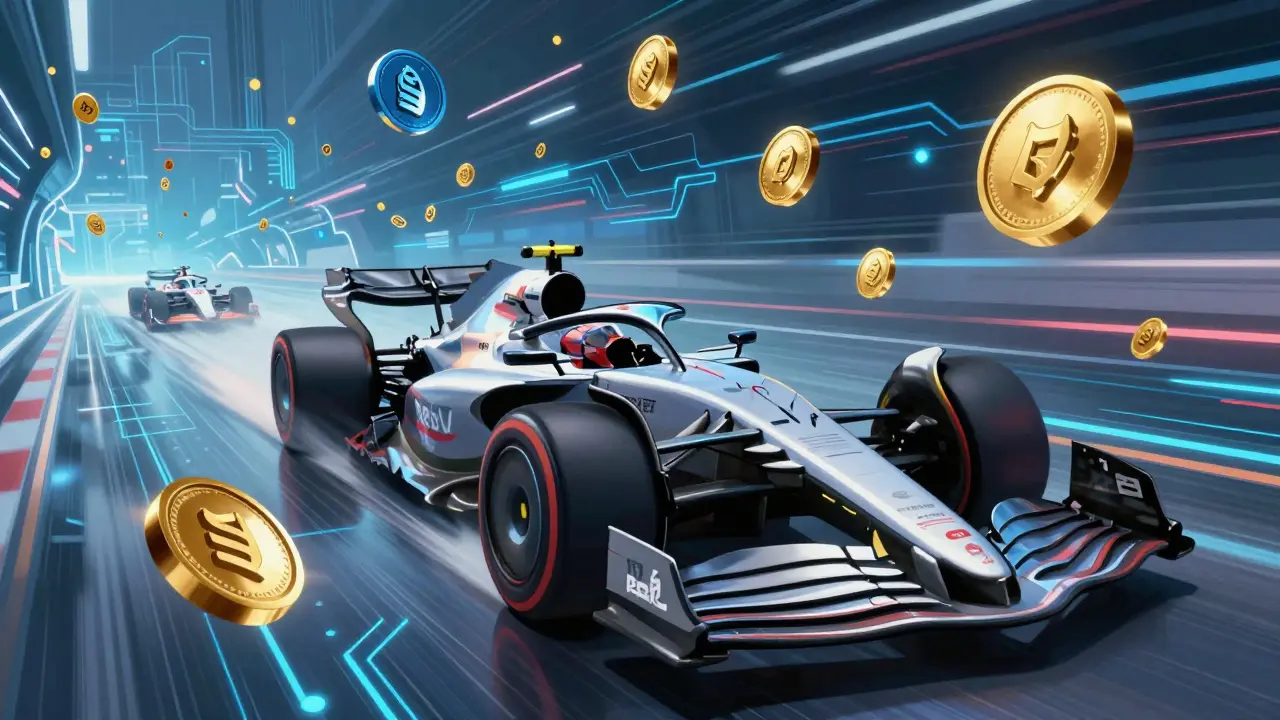 Futuristic race cars speeding on a digital track with floating tokens