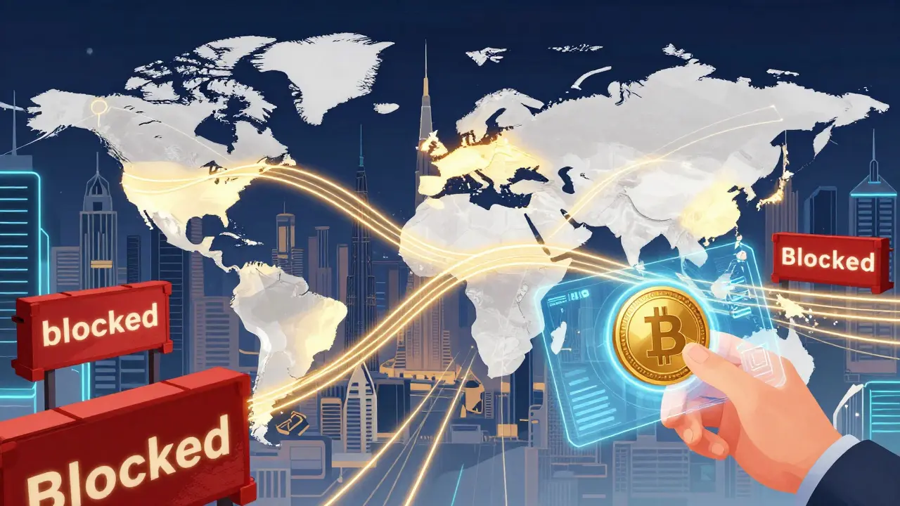 Glowing gold crypto flows weaving through a futuristic city skyline.