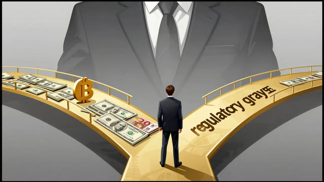 Man choosing between pure crypto and hybrid accounts under a regulatory shadow.