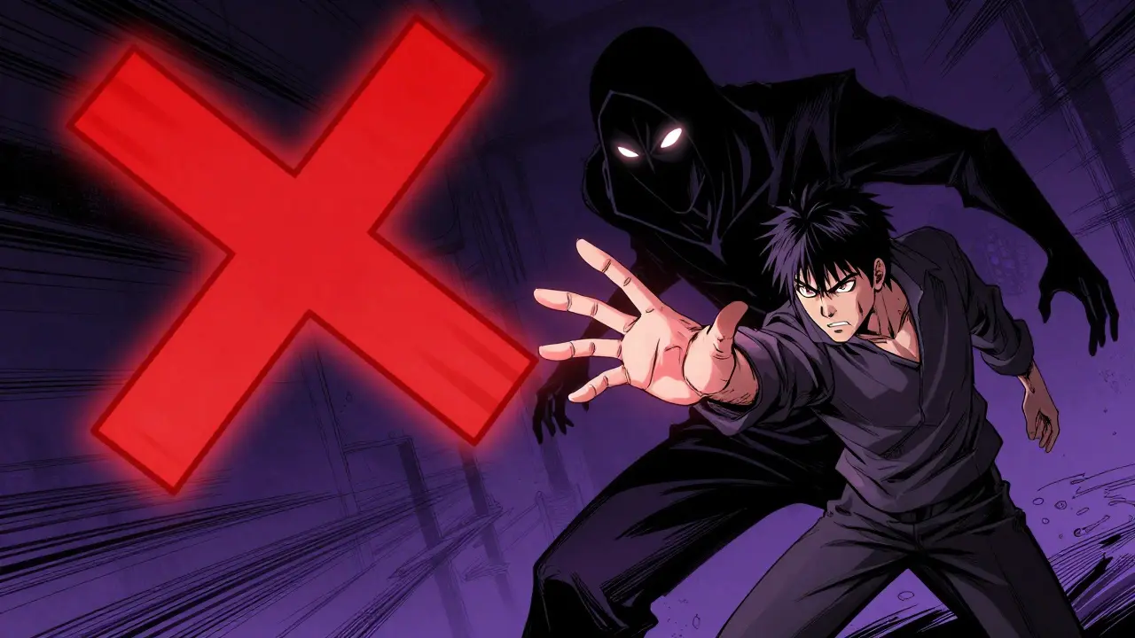 Man refusing a suspicious token offer from a shadowy figure