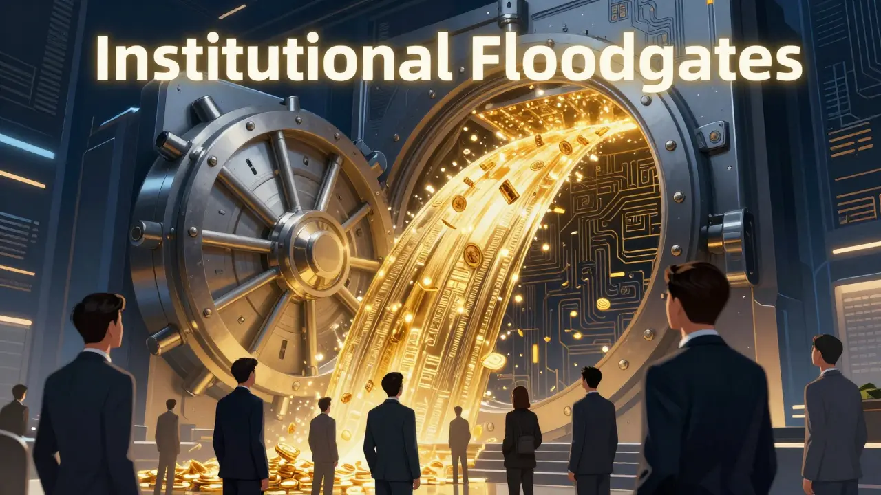 Manhua art depicting a futuristic vault opening to allow institutional capital into crypto markets.