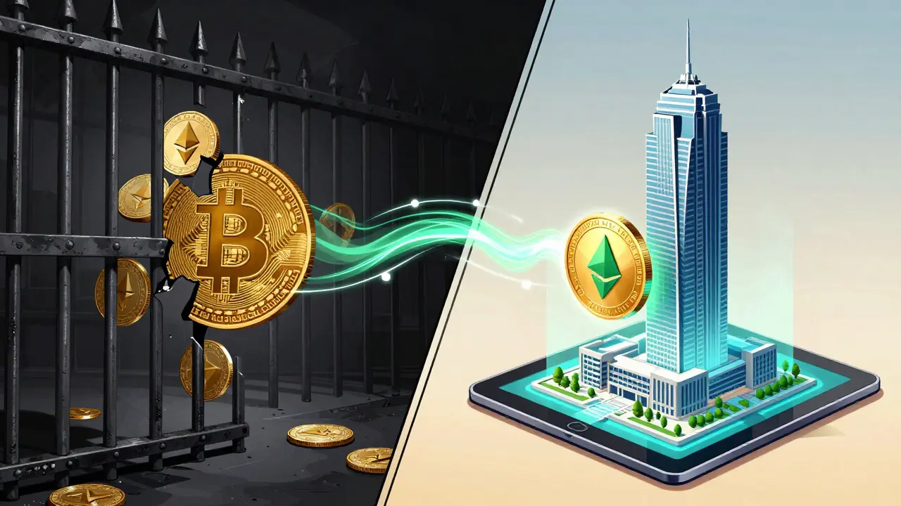 Manhua illustration contrasting banned crypto coins with a legal tokenized building.