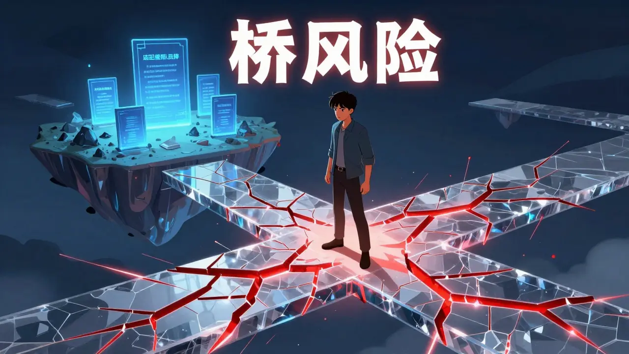Manhua illustration of a character on a cracked digital bridge, symbolizing smart contract security risks.