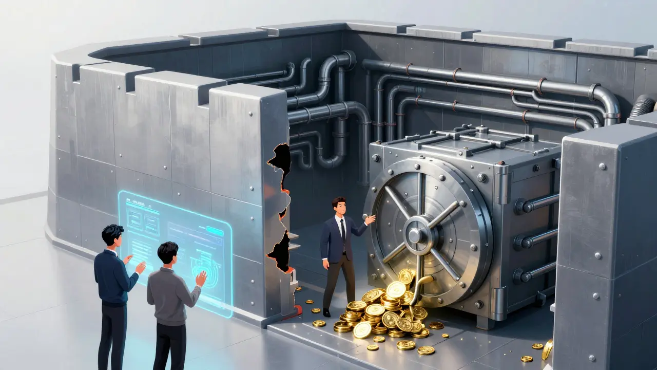 Manhua illustration of a futuristic digital exchange with visible internal security gaps and a cold wallet.