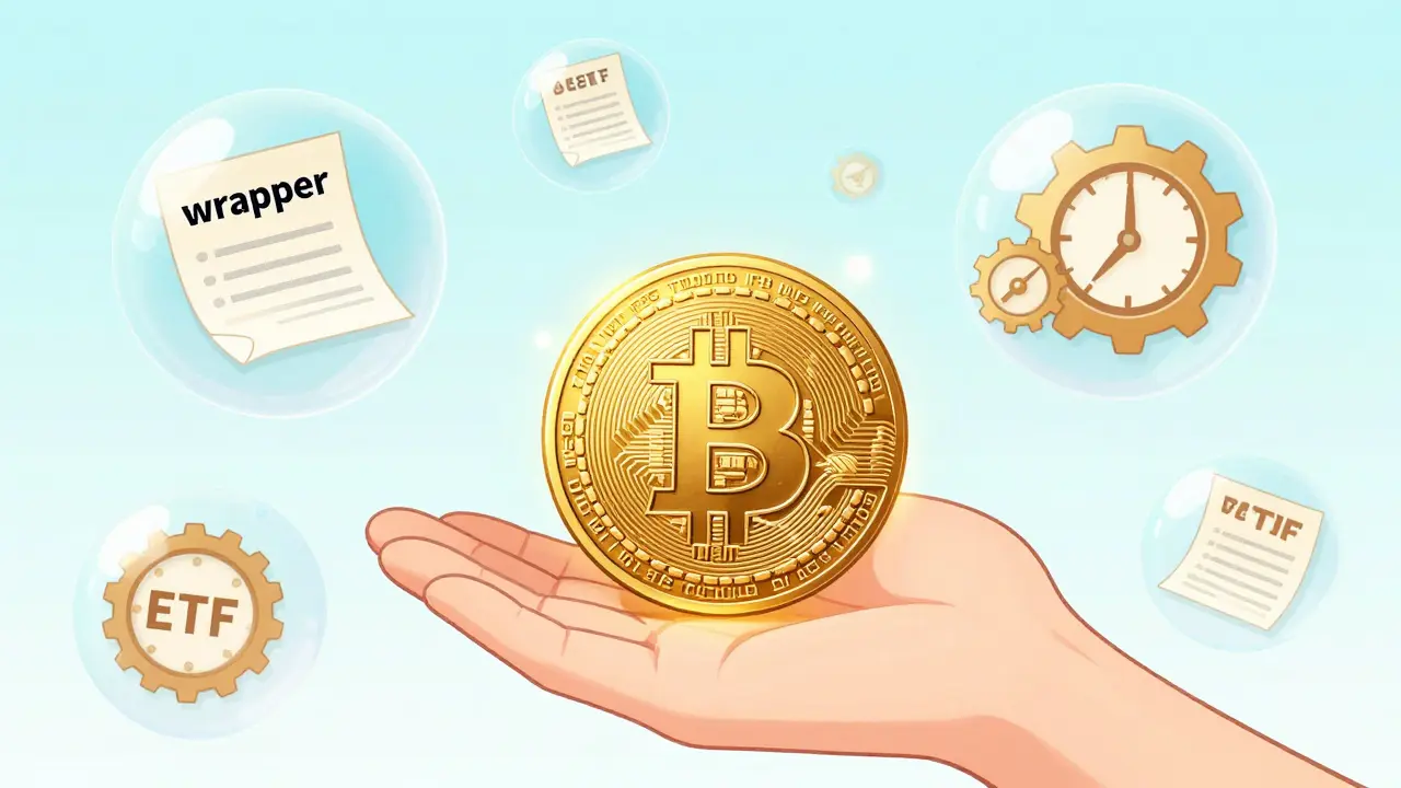 Manhua illustration of a person holding a physical Bitcoin to represent direct asset ownership.