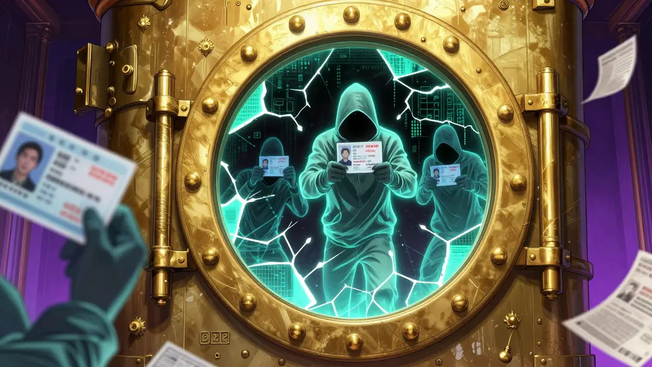 Manhua illustration of shadowy figures entering a digital vault through security gaps in KYC checks