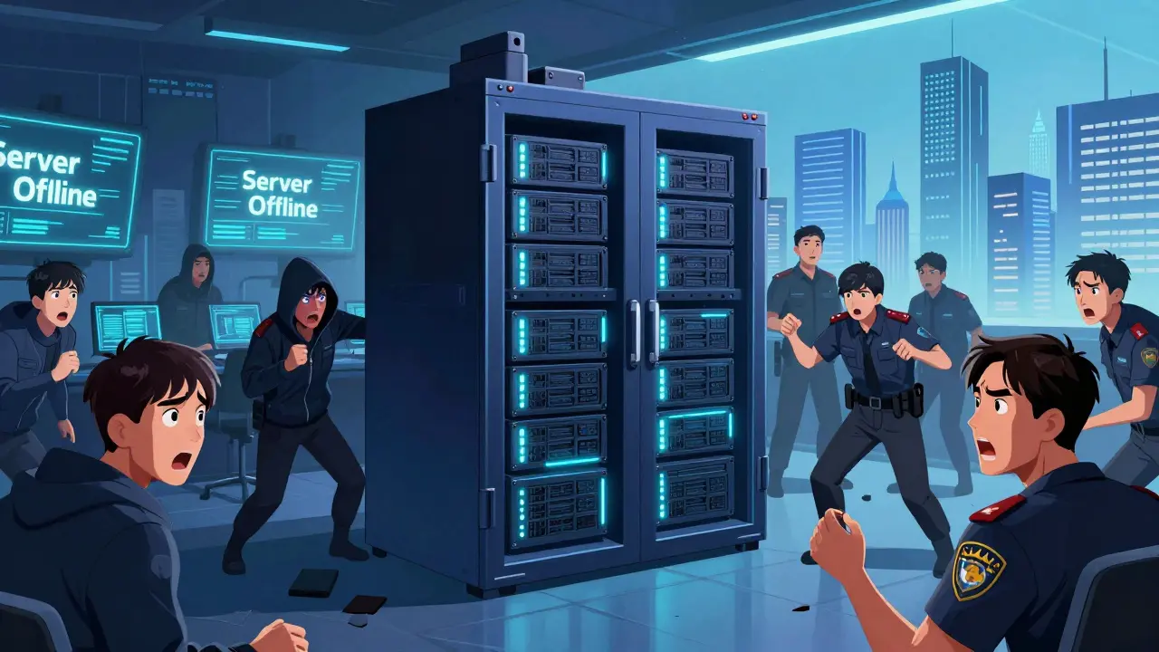 Manhua scene showing panicked criminals and a police evidence locker with seized servers.